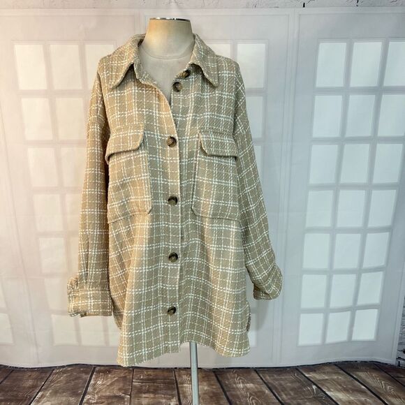 H&M Women's Tan Cream Window Pane Collared Button Down Shacket Size XL - Picture 2 of 11